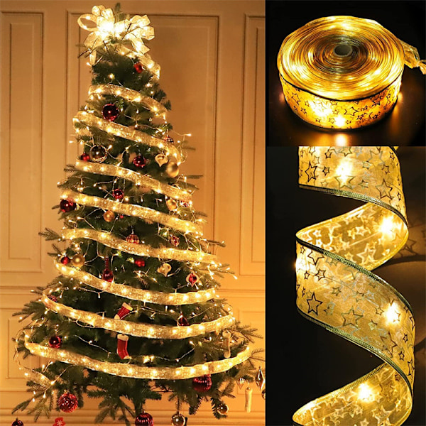 Nya LED-bandljus, satinljus, julbandljus, julgransdekorationer, dubbellagers guldpläterade lysande bandljus Golden Ribbon-Warm White 10 meters 100-3 flash battery box