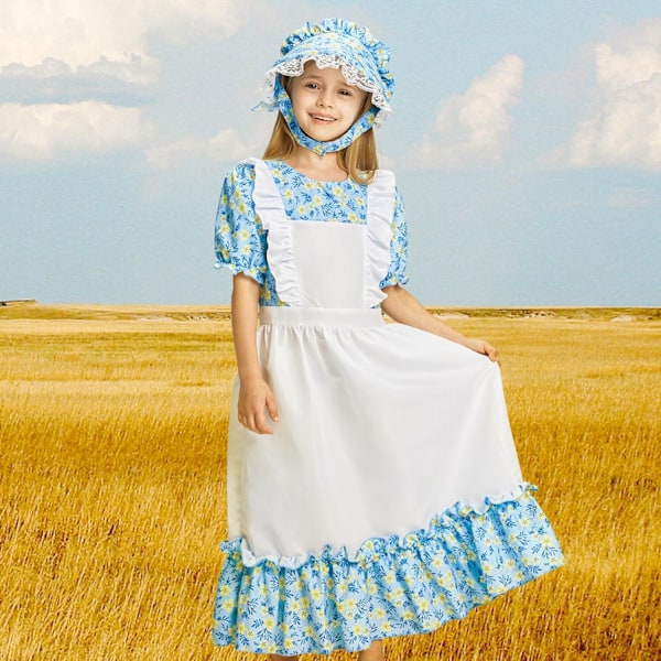 Pige Prairie Pioneer Kostume Børn Victorian Magic Fancy Dress til Halloween Verdens Bogdag Karneval Party Gave 3-10 År blå 8-10 Jahre