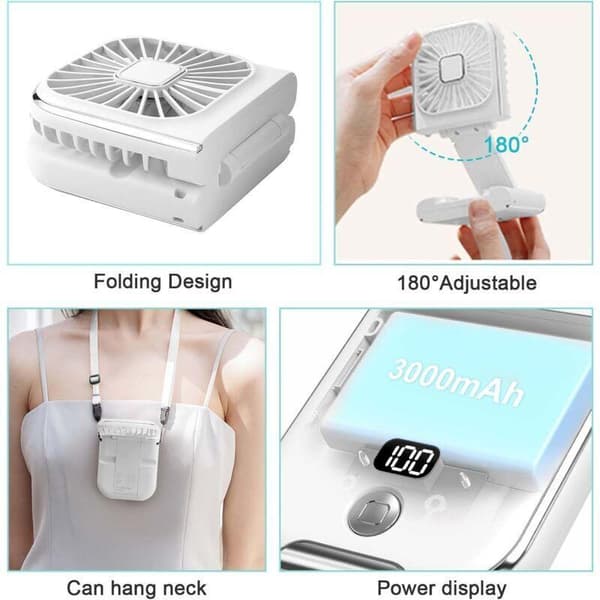 Mini bærbar USB halsventilator. 3000 mAh. Lille ventilator. Stille USB-ventilator. Hvid.