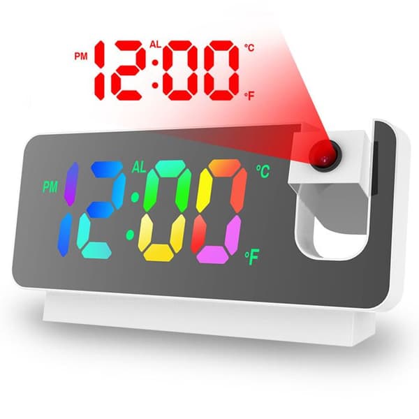 Vækkeurradio - LED-projektion - Termometer - Stort lydløst display - Direkte forbindelse - Farvebelysning - Hvid
