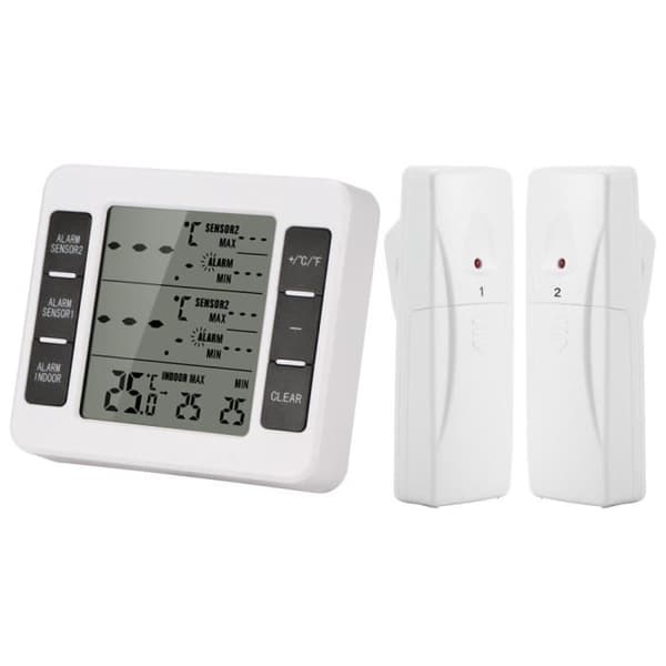 Trådlös digital LCD kyl/frys termometer med hörbart larm och 2-pack sensor för hem/kök/kontor