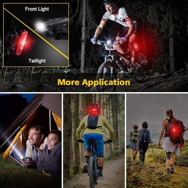 Kraftige LED-lys foran og bak, USB oppladbare, 2000 mAh, IPX4 vanntett, 4 lysmoduser
