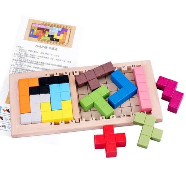 Trä Tangram Pussel - 3D Tetris Mönsterspel - För Vuxna och Barn - Mindre än 100 Bitar