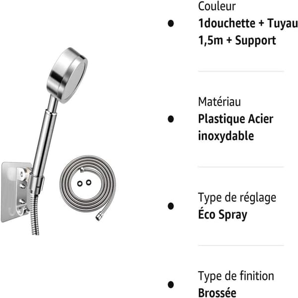 Høytrykksdusjhode med 15 m slange og holder 304 rustfritt stål vannbesparende dusjhode