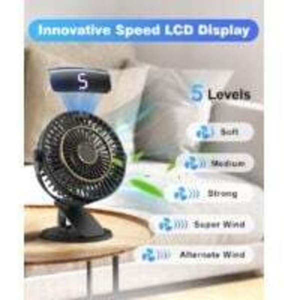 Mini USB genopladelig ventilator, 5 blæserhastigheder, 720° rotation, LCD-skærm, ultra-stille - sort