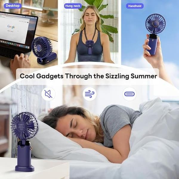 Mini bærbar ventilator. USB-C opladning, digitalt display, 5 blæserhastigheder, 90° foldbar (lilla).
