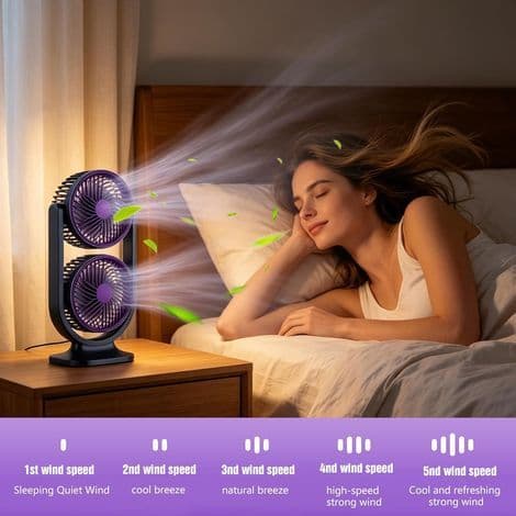 Dobbelt Hoved Bordventilator, USB Genopladelig Bordventilator med 5 Hastigheder og Lys, Mini Bærbar Ventilator