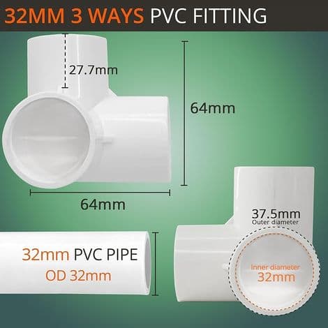 Förpackning med 10 3-vägs PVC-kopplingar (32 mm) för växthus och möbler