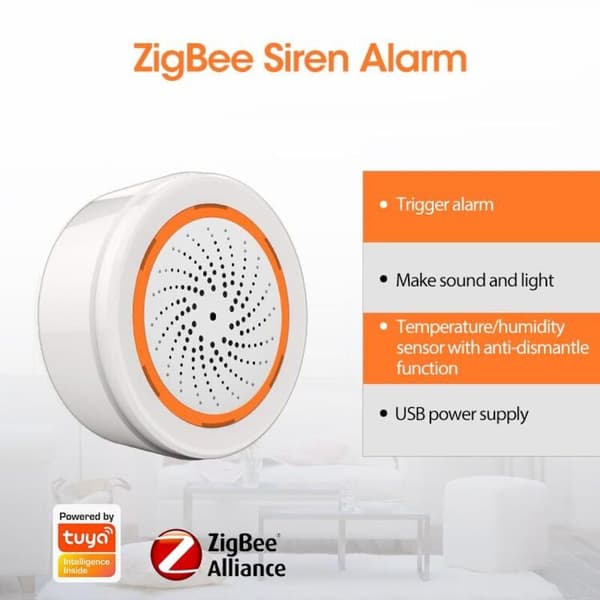 Smart siren larm, Tuya Zigbee hub krävs, kompatibel med Home Assistant Zigbee2mqtt, appkontroll, 90dB blixtsiren