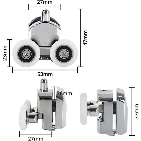 Skydedørsruller til bruser, Skydedørsruller til bruser i zinklegering, 23 mm diameter, Dobbelte udskiftningshjul til badeværelse
