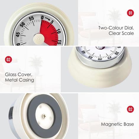 Visuel Timer, Køkkentimer med Magnetisk Base, 60-Minutters Nedtælling, Mekanisk Ur, Batterifri (Hvid)