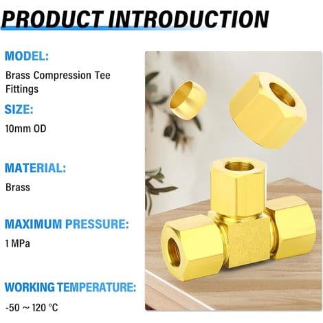Messing kompressionsrørfittings, T-forbindelse, 10 mm x 10 mm x 10 mm udvendig rørdiameter.