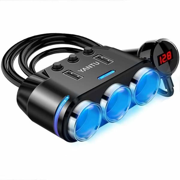 Cigarettænderadapter - 3 stik - 2 USB-porte - LED-display - Integreret sikkerhed