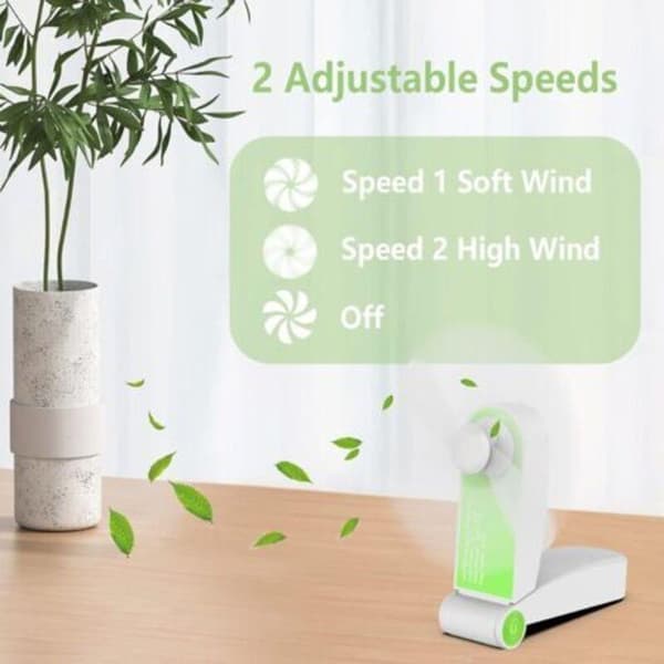 Mini sammenklappelig lommeventilator. Leveres med et USB-opladerkabel, to justerbare ventilatorhastigheder, grøn farve.