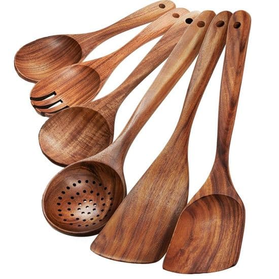 6-delt køkkenredskabssæt i teak, non-stick, holdbart