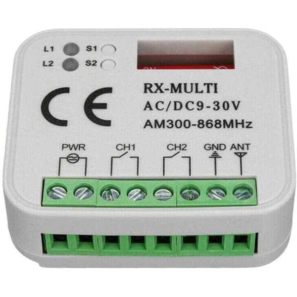 Radiomottaker for motorisering – Frekvenser 433/868 MHz – AC/DC 9-30V strømforsyning – Rekkevidde opptil 150 meter – Programmerbar opptil 400 koder