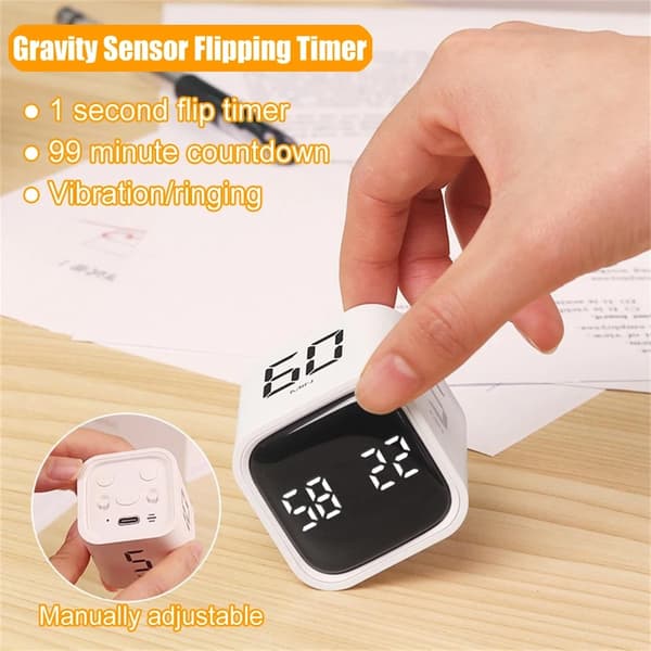 Mini Digital Timer med Gravitationssensor, LED-Display, 4 Forudindstillinger, Turisttilstande, Nedtælling, Madlavning Hvid