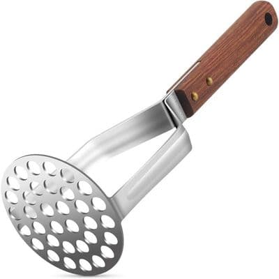 Solid potetmoser i rustfritt stål med sklisikkert håndtak, ikke lett å bøye, enkel å bruke, robust konstruksjon, etikett
