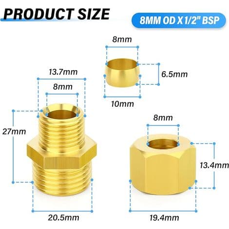 Stk. messing kompressionsfitting, 8 mm rør x 1/2\" BSP han, lige fitting, til kobber-, plast- og aluminiumsrør
