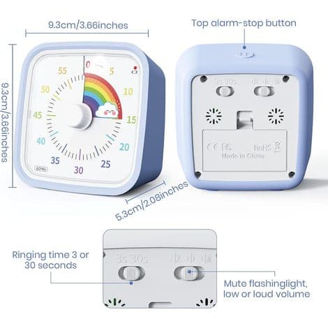 Regnbue visuel timer, 60-minutters nedtællingstimer til børn og voksne (lyseblå)
