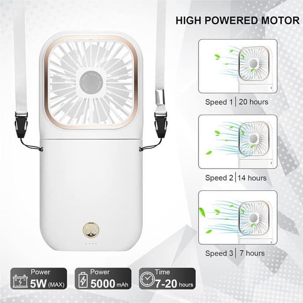 Bærbar ventilator - XVX - Sammenfoldelig USB - 3 hastigheder - 5000 mAh Power Bank - Stille
