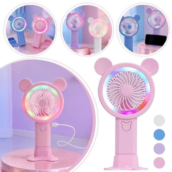 Bærbar ventilator til børn - tegneseriedesign - USB genopladelig - lysende - støjsvag - blå LED-ventilator