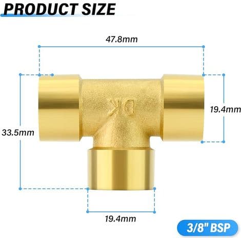 2 stk. messing T-fitting, 3/8\" x 3/8\" x 3/8\" BSP hunrørfittings