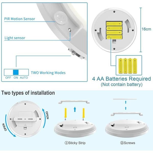 LED Taklampa - Rörelsesensor - Trådlös - 210LM - Vit (2 st)