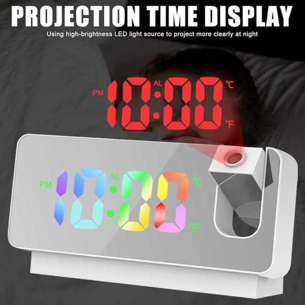 Vækkeurradio - LED-projektion - Termometer - Stort lydløst display - Direkte forbindelse - Farvebelysning - Hvid