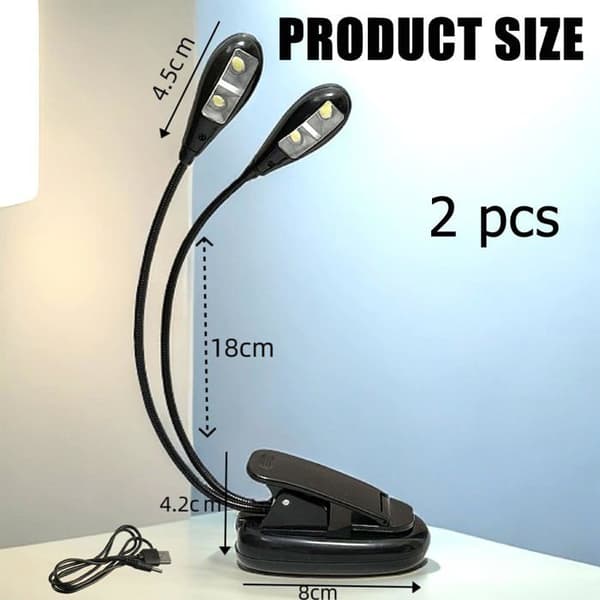 Oppladbar notestativlampe med klips - Dobbelthode - 4 LED-er - USB - For musikk