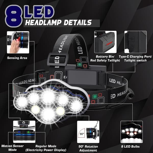 Hodelykt, 8 LED Hodelykt 8 Lysmoduser, Ultra Kraftig LED Hodelykt Oppladbar USB