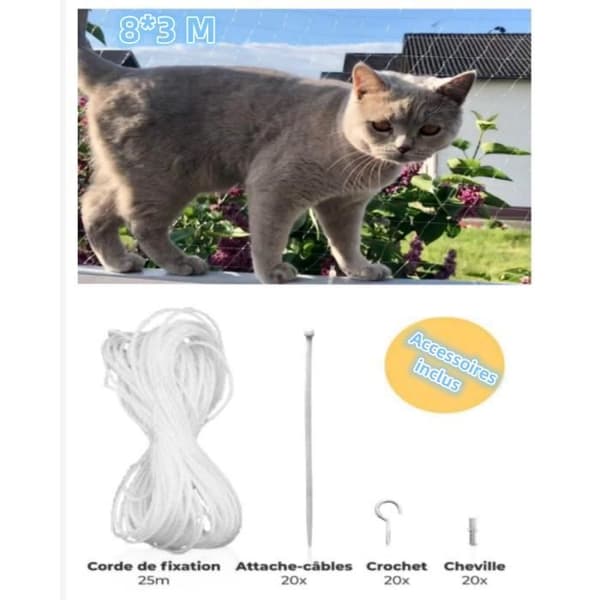 8x3m Transparent Kattsäkerhetsnät med Fästrep, Extra Stort Säkerhetsnät