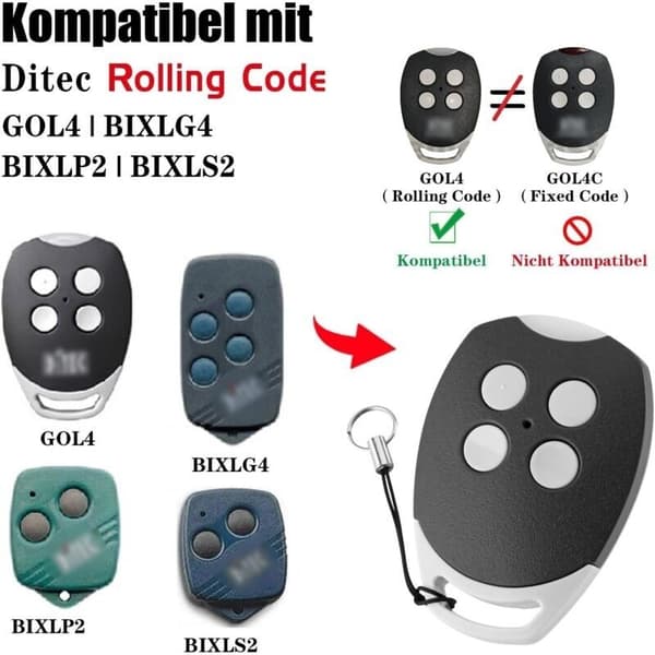 Kompatibel med Ditec GOL4, BIXLP2, BIXLS2 og BIXLG4 garasjeportfjernkontroller. Hansender 433 MHz rullende kode. Pakke med 2.