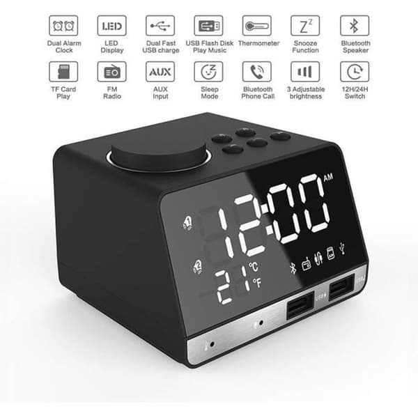 Digital vekkerklokkeradio, Bluetooth-høyttaler, doble alarmer, 2 USB-porter, AUX, TF-kort, U-disk, romtermometerdisplay
