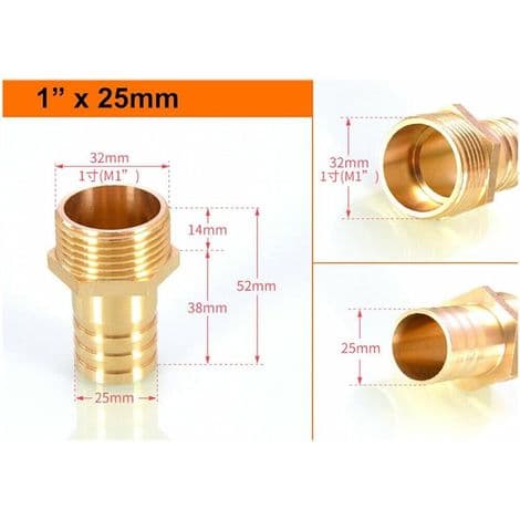 Sett med 3 messing piggtrådslangekoblinger 25 mm til 2,5 cm utvendig BSP-gjenge slangeadapter