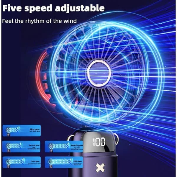 Kompakt USB genopladelig lommeventilator. Sammenfoldelig bordventilator med digitalt display - mørkeblå.