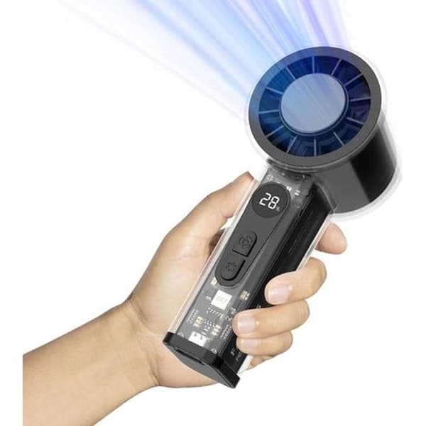 Bærbar lommeventilator med integreret kølefunktion. LED-display. Sort gennemsigtigt kabinet.