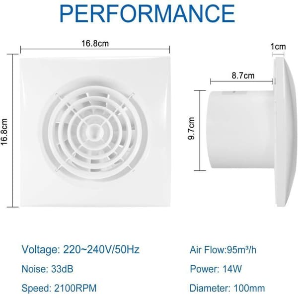 100 mm badeværelsesudsugningsventilator - væg-/loftkanalventilator
