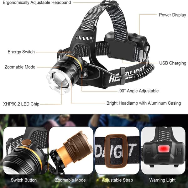 Genopladelig LED-pandelygte, 6 LED-tilstande, sensor og rødt lys, USB-genopladelig 2 x 18650 batterier