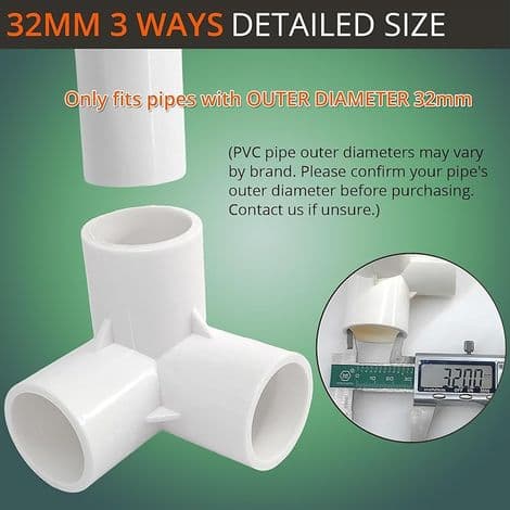 Förpackning med 10 3-vägs PVC-kopplingar (32 mm) för växthus och möbler