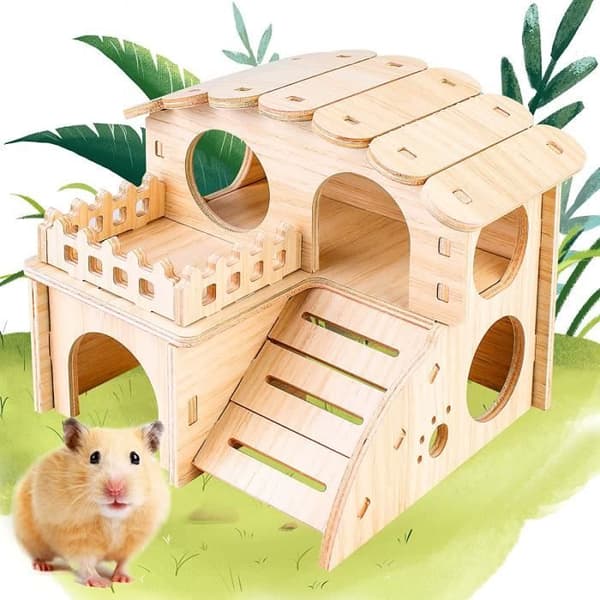 Hamsterhus - Marsvinshus - Miljövänligt trä - 2 våningar - Lätt att montera - Hållbart