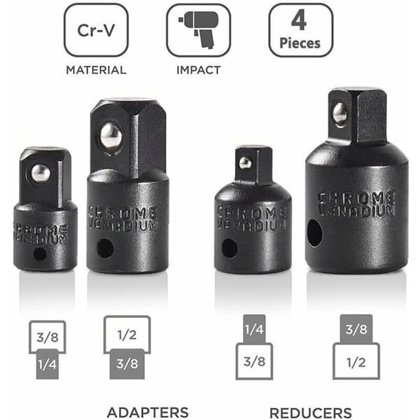 4-delt skralleadapter og adaptersett for 1/2\", 1/4\" og 3/8\" piper og bits