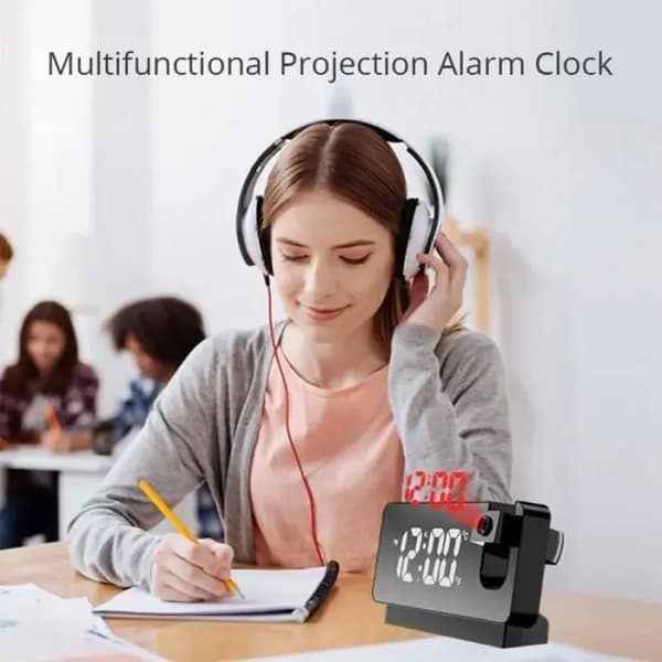 Digital LED-väckarklocka med projektion, sängklocka för sovrum, svart CLOCK