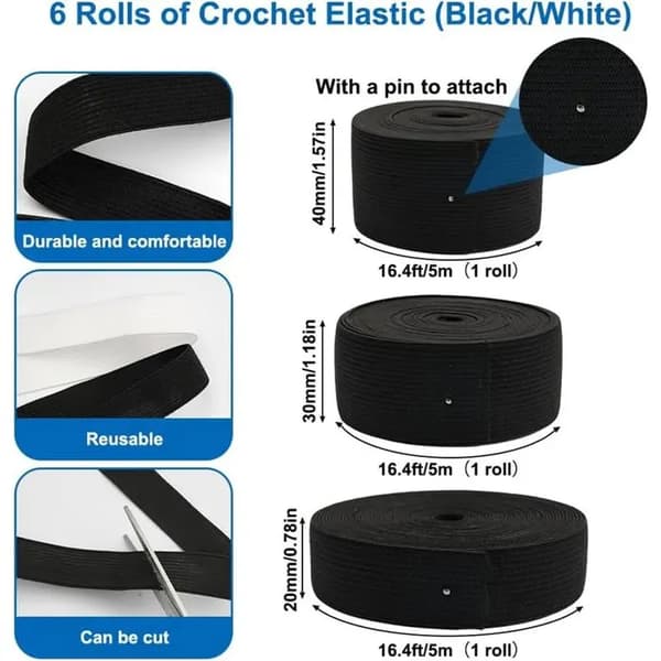 6 rullar elastiskt syband i 20mm/30mm/40mm bredd, vit och svart (5 meter per rulle)