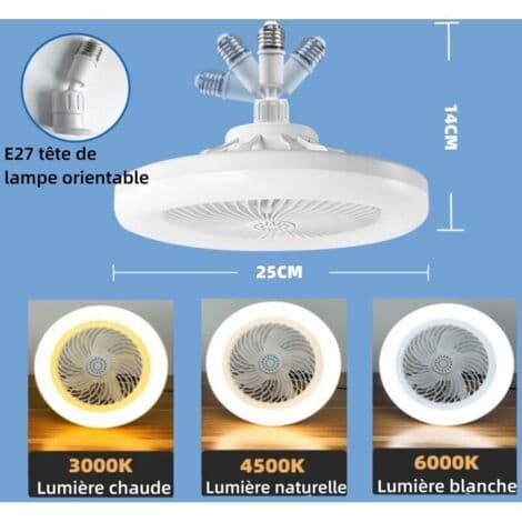 Stille loftventilator med LED-lys E27 – 3 hastigheder – Dæmpbar – Timer – Værktøjsfri installation – Grå – 3 hastigheder