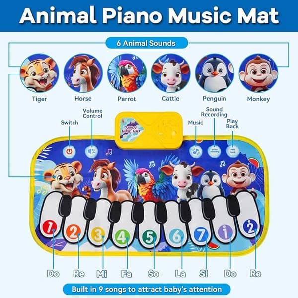 Pianogulvmatte for småbarn, dyrelyder og sanger, sensorisk utvikling, taktil lekematte, bursdagsgave