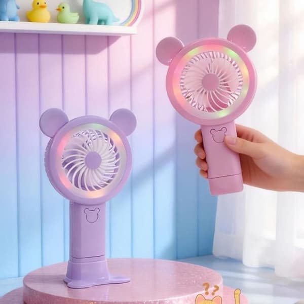 Bærbar ventilator til børn - tegneseriedesign - USB genopladelig - lysende - støjsvag - blå LED-ventilator