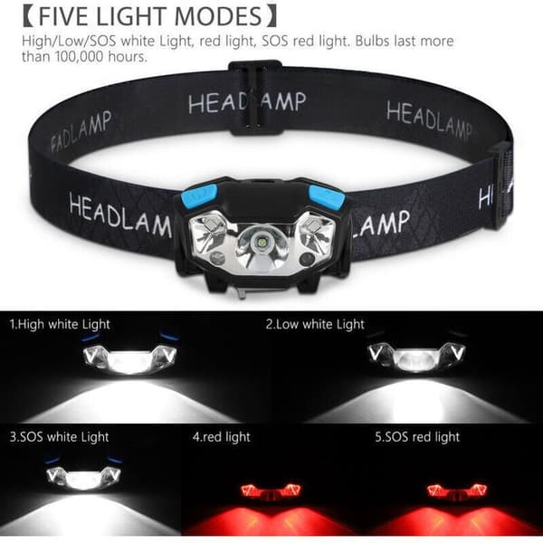 LED Hodelykt - 5000 lumen - Bevegelsessensor - IPX6 Vanntett - USB Oppladbar - 5 Lysmoduser