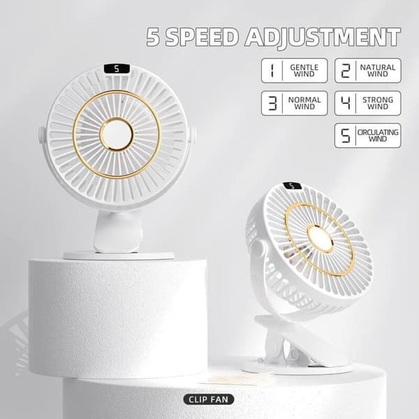 Miniskrivebordsventilator med klips. 5 blæserhastigheder. 720° rotation, genopladelig, med LCD-skærm.
