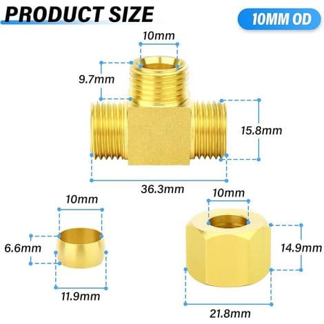 Messing kompressionsrørfittings, T-forbindelse, 10 mm x 10 mm x 10 mm udvendig rørdiameter.